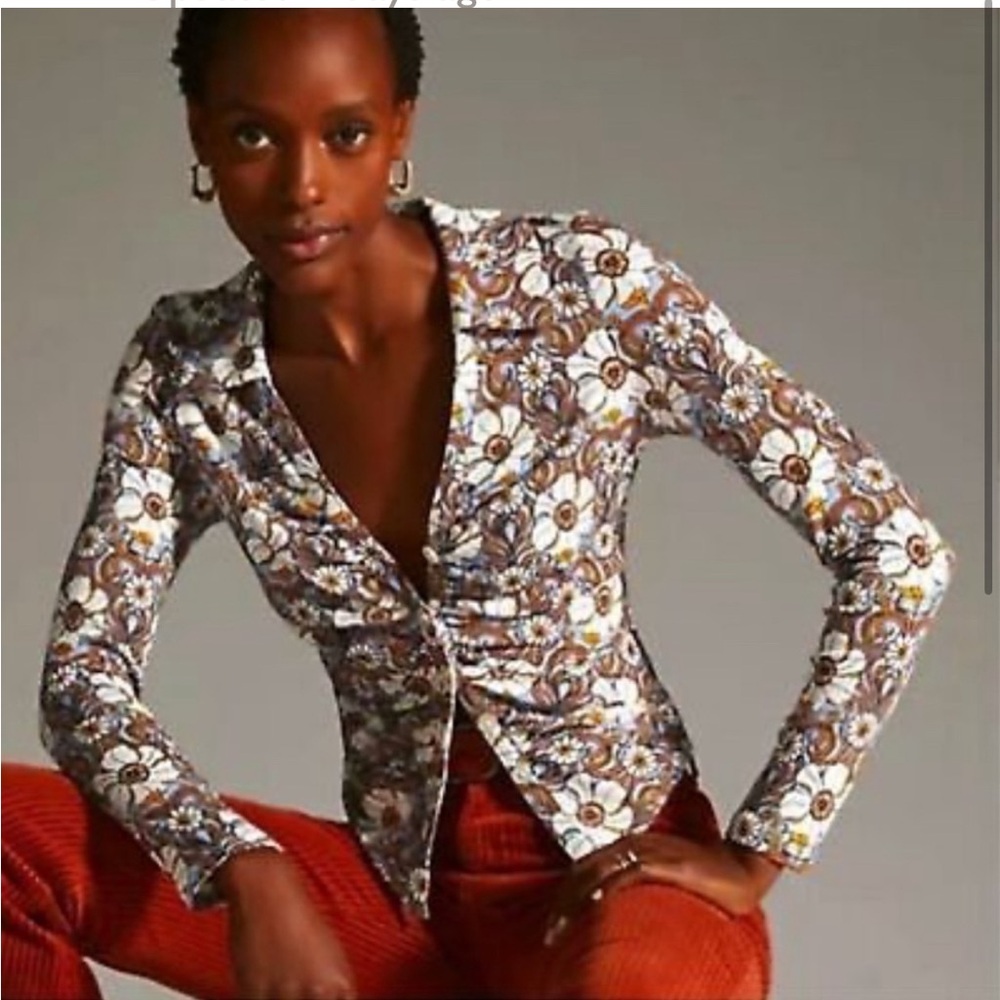 Maeve Ruched Floral Button Up Shirt